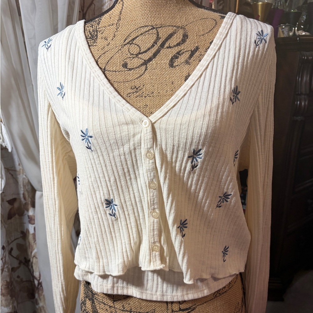 Belle Du Jour Cream Button-Up Crop Top with Blue Embroidery